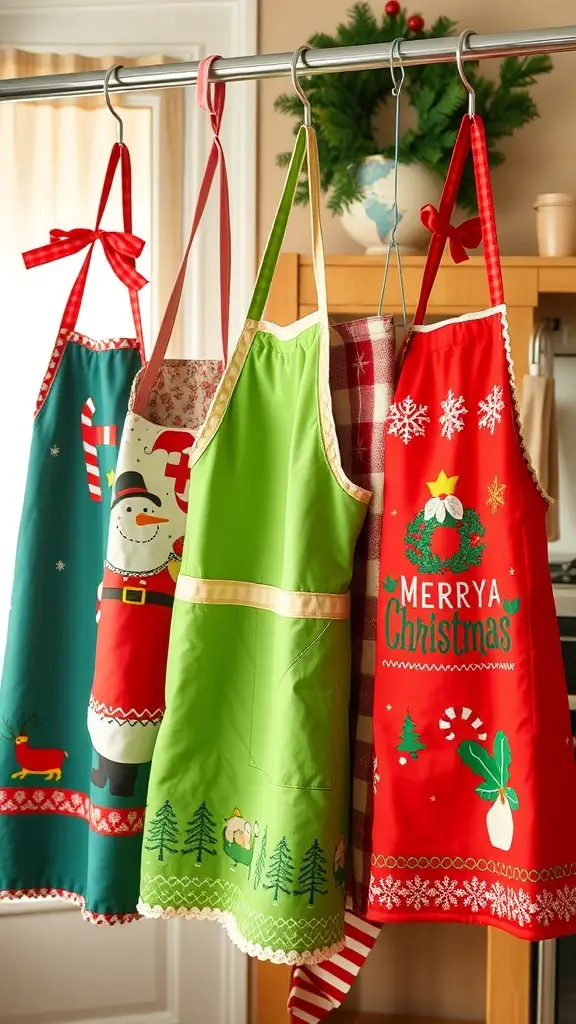 33+ Must-Try Christmas Sewing Patterns for Festive Fun 14 Colorful holiday aprons hanging on a rack, featuring festive designs like Santa Claus and snowflakes.