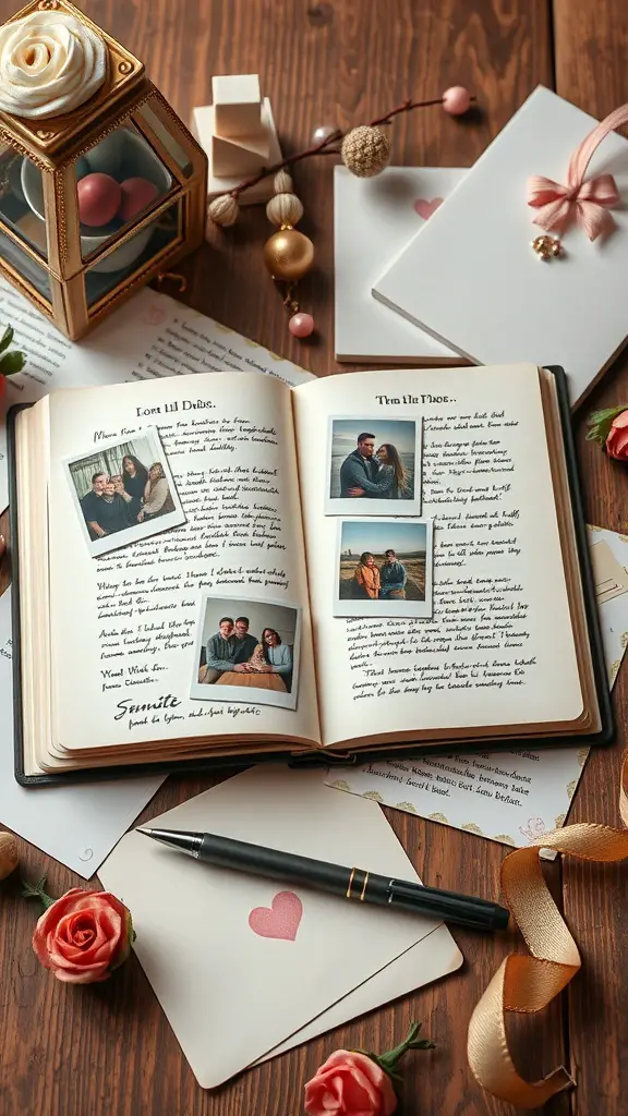 15 Unique Bridesmaid Gift Ideas to Show Your Appreciation 8 A memory book open to pages with photos and handwritten notes, surrounded by decorative elements like flowers and envelopes.