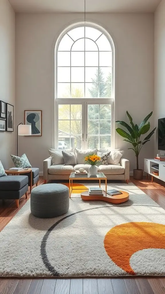 29+ Stunning Abstract Rugs to Elevate Your Living Room Decor 16 A bright living room featuring an abstract rug with playful shapes and colors, complemented by natural light and plants.