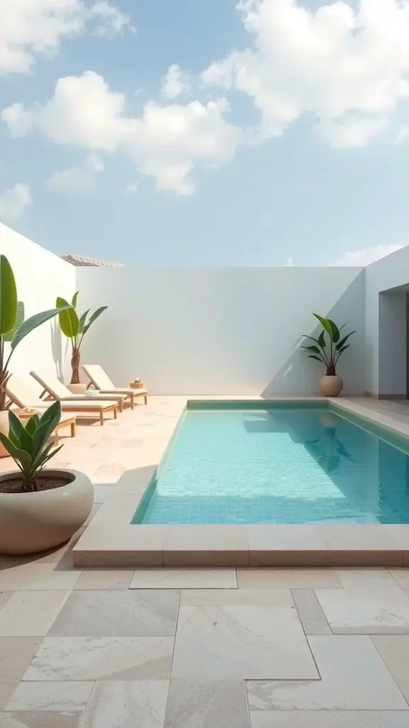 A serene private pool area with lounge chairs and plants under a blue sky.