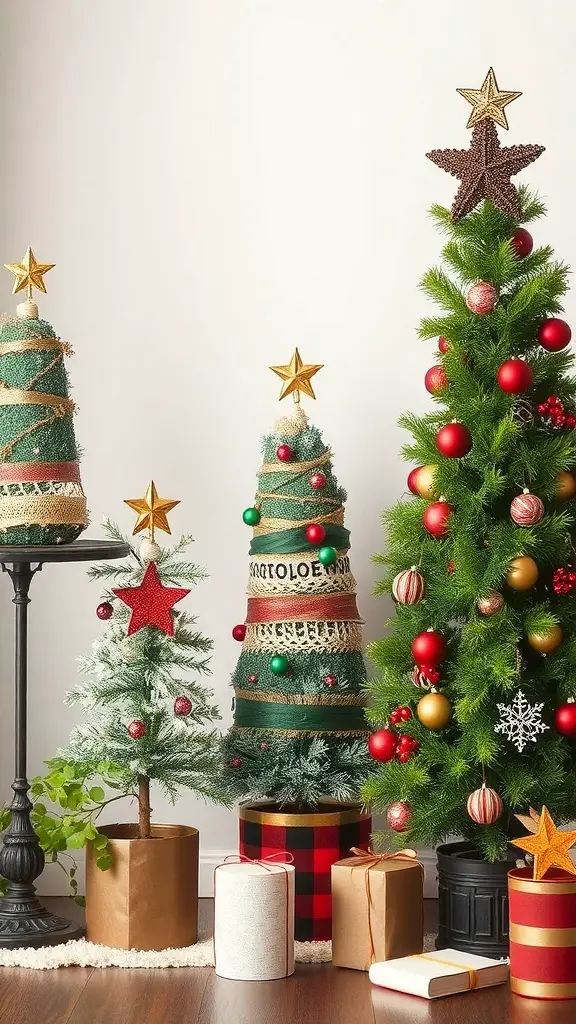 A display of eco-friendly Yule Christmas trees, featuring various styles and decorations.