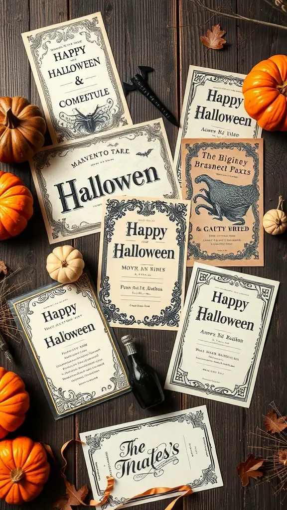 A collection of vintage Halloween invitations surrounded by pumpkins and decorative elements.
