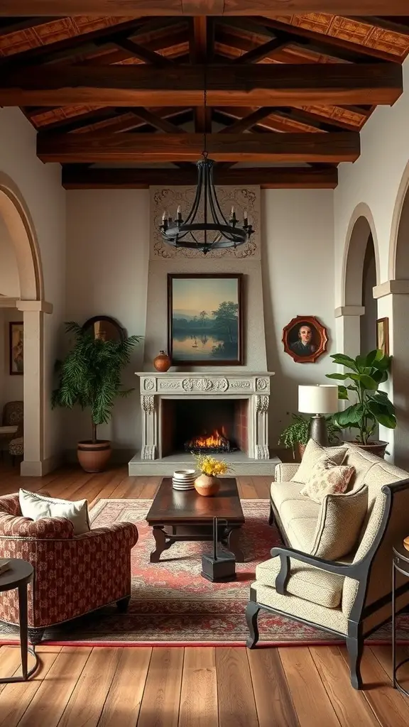 29+ Inspiring Spanish Revival Home Designs You’ll Love 12 Cozy living room in Spanish Revival style with wooden beams, a fireplace, and elegant furniture.