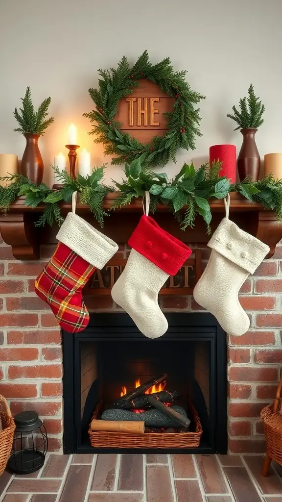 A cozy fireplace with three farmhouse style Christmas stockings hanging from the mantel, surrounded by greenery and candles.