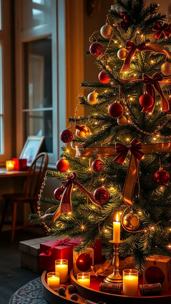 A beautifully decorated Yule Christmas tree with lights and candles.