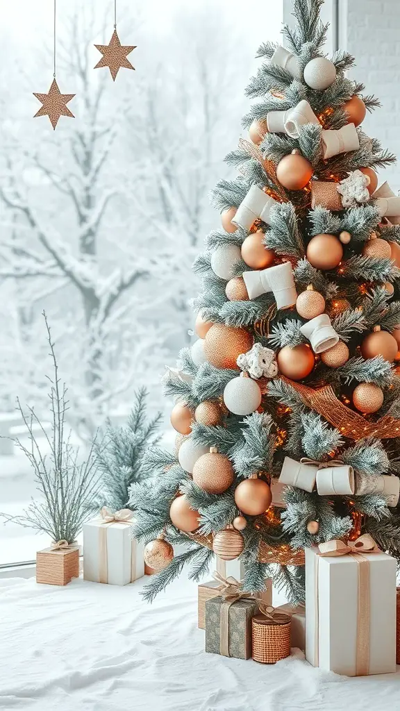 A beautifully decorated Christmas tree with copper ornaments and frosty white accents, surrounded by gifts and small evergreen plants.