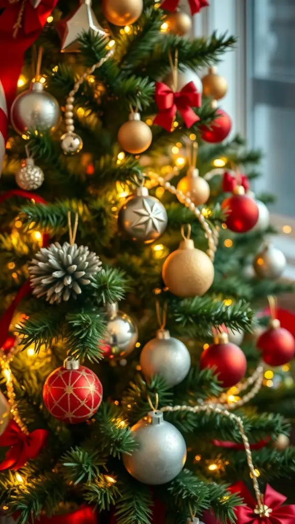 A beautifully decorated Christmas tree with pink and champagne ornaments, featuring lights and ribbons.