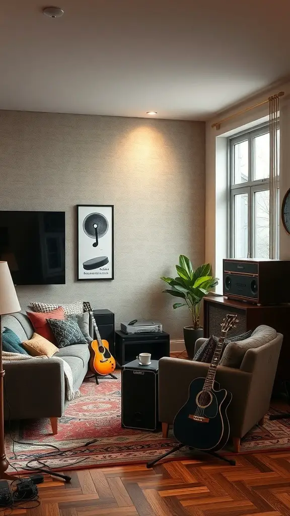 A cozy living space with guitars, audio equipment, and comfortable seating, designed for music creation and enjoyment.