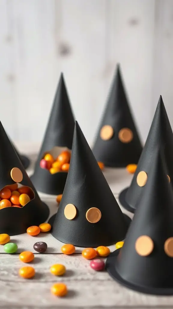 A collection of black witch hat treat holders filled with colorful candies.