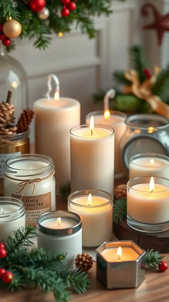A collection of handcrafted scented candles in various containers, surrounded by festive decorations.