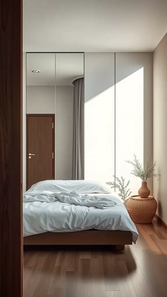 27+ Creative Small Rectangular Bedroom Ideas to Maximize Space 6 A small rectangular bedroom featuring a large mirror, a bed with white bedding, and a decorative plant in a pot.