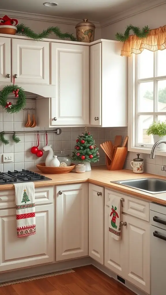 A cozy kitchen decorated for Christmas with white cabinets, wooden countertops, and holiday accents.