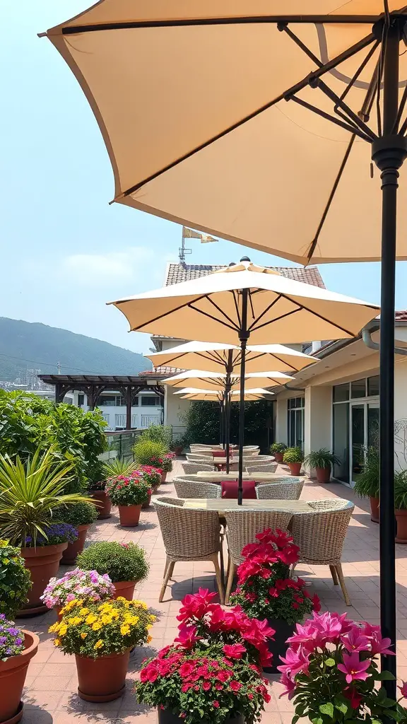 25+ Stunning Mediterranean Terrace Ideas for Your Home 11 A Mediterranean terrace with stylish umbrellas and colorful flower pots.