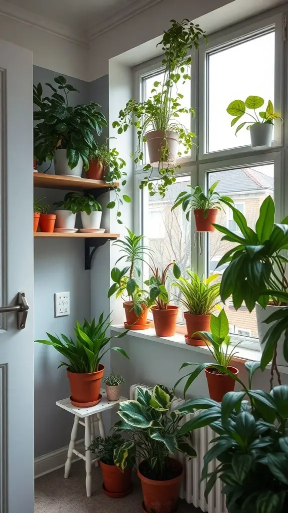 29+ Budget-Friendly Small Room Ideas to Maximize Space 9 A small room corner filled with various potted plants, showcasing a cozy and fresh atmosphere.