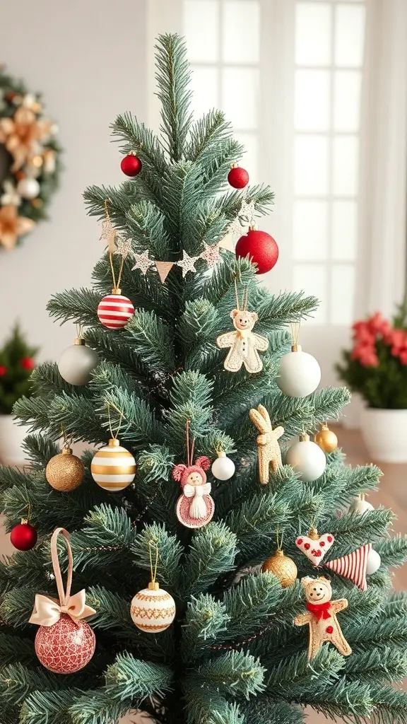 A beautifully decorated sage green Christmas tree with DIY ornaments and lights.