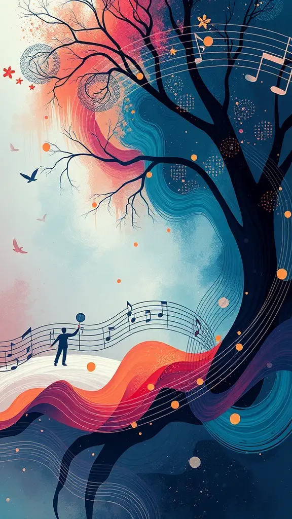 29+ Stunning Abstract Paintings You Need to See 14 An abstract painting featuring a tree with musical notes, vibrant colors, and a figure holding a musical instrument.