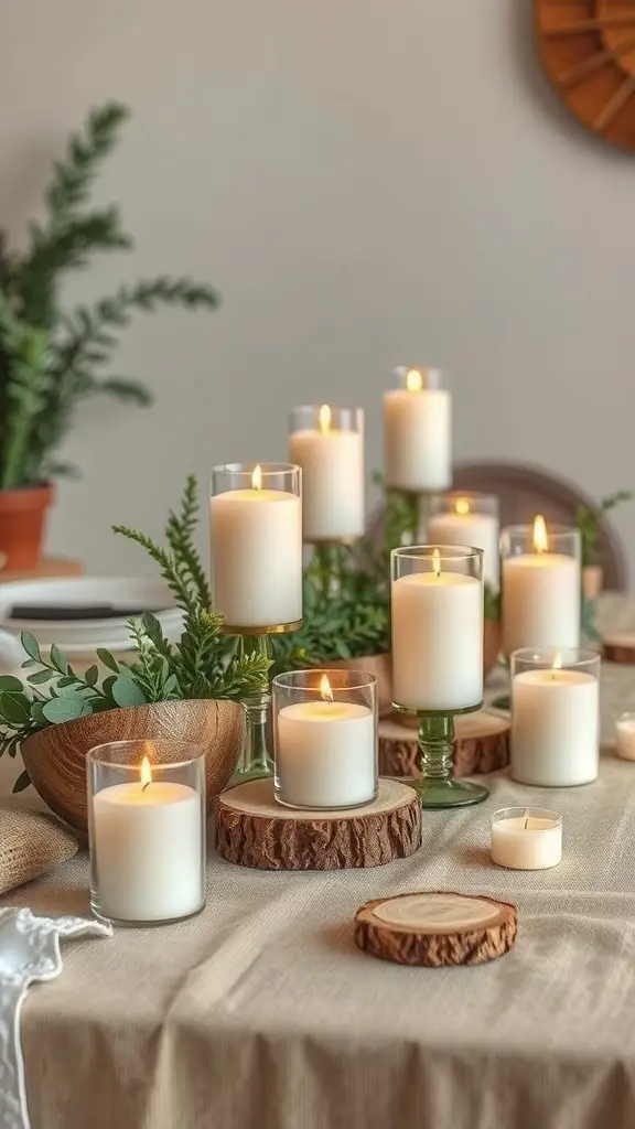 A rustic candle display featuring various candles on wooden slices and greenery.