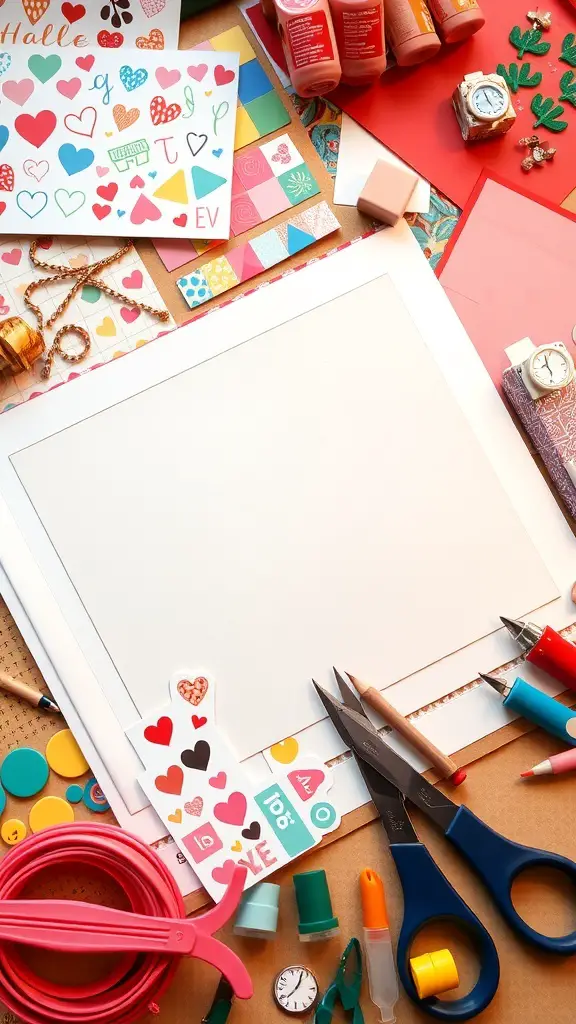 27 Thoughtful Engagement Gifts Your Friends Will Love 7 An assortment of scrapbook materials including stickers, colored papers, scissors, and glue.