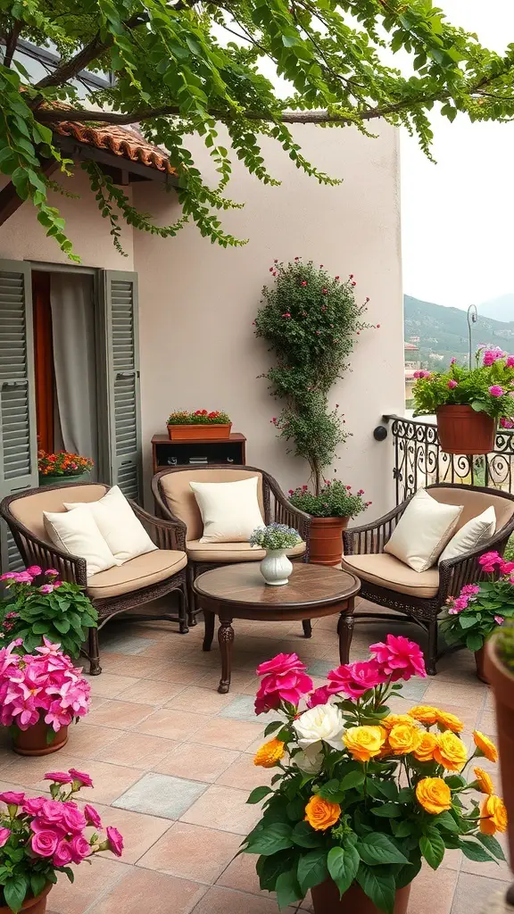 27+ Stunning Italian Terrace Ideas for Your Outdoor Escape 8 Cozy Italian terrace with wicker chairs, colorful flowers, and a small table.