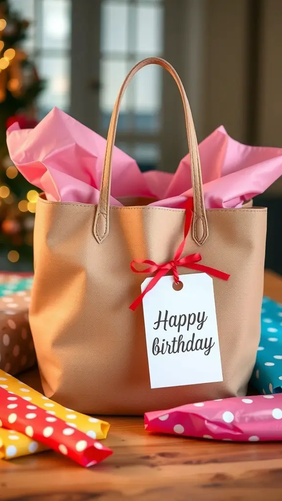 A stylish beige tote bag with pink tissue paper inside, tagged with 'Happy Birthday', surrounded by colorful wrapped gifts.