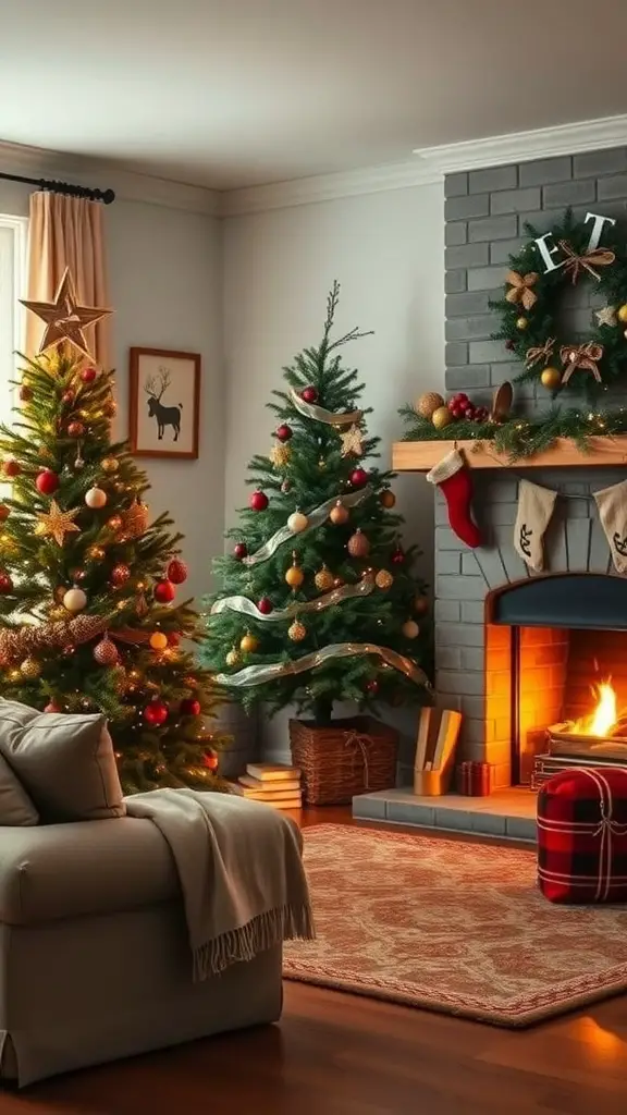 A cozy living room with two rustic Christmas trees, a warm fireplace, and festive decorations.