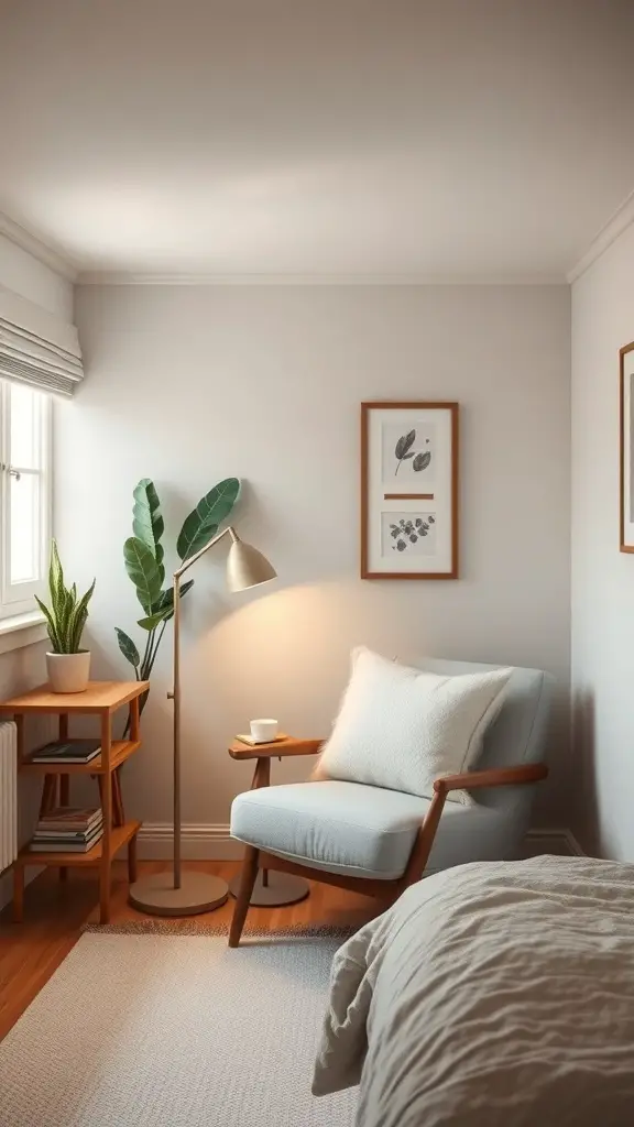 25+ Creative Tiny Guest Bedroom Ideas for a Cozy Space 4 A cozy nook in a tiny guest bedroom featuring a comfortable chair, a reading light, and decorative elements.
