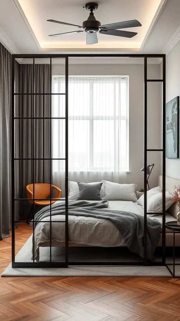 A modern room divider in a small bedroom, featuring a black frame separating the bed area from the rest of the room.