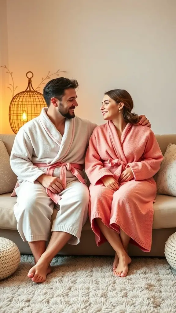 A couple sitting on a couch wearing matching robes, smiling at each other in a cozy setting.