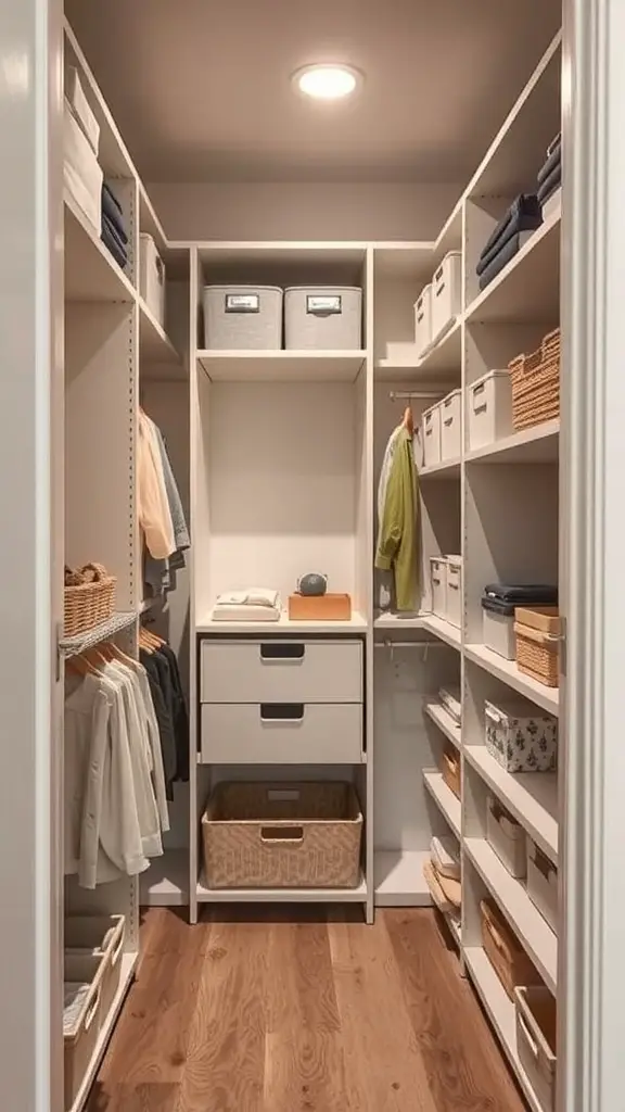 31+ Genius Narrow Bedroom Ideas to Maximize Space 13 Organized closet with shelves, baskets, and drawers in a narrow space