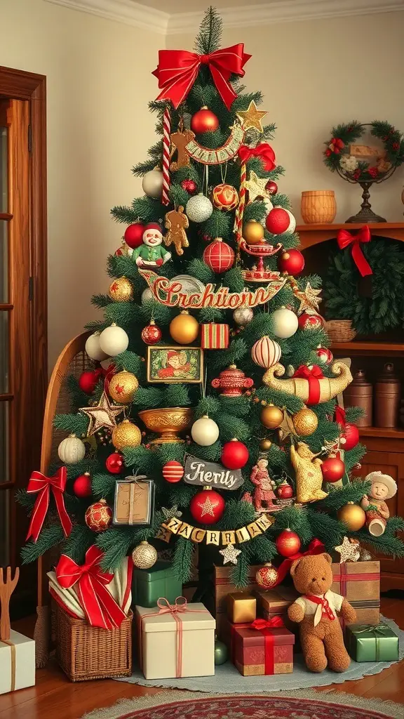 A beautifully decorated retro Christmas tree with colorful ornaments, a teddy bear, and wrapped gifts underneath.