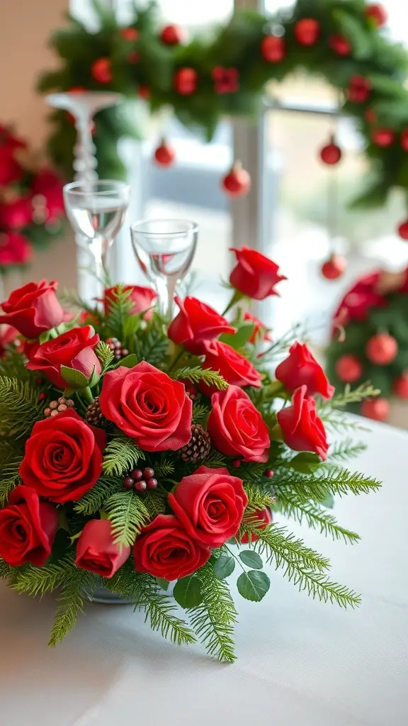 Traditional red and green floral arrangement with roses and greenery