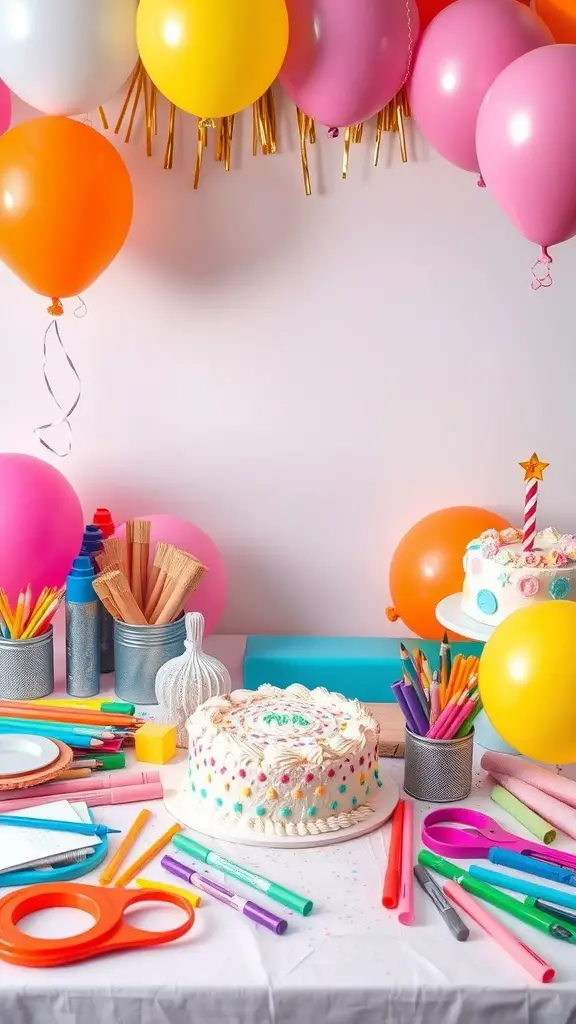 A colorful birthday setup with balloons, art supplies, and a cake, perfect for a DIY craft celebration.