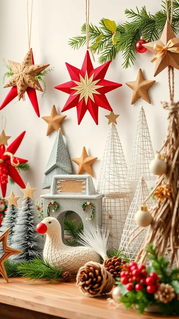 Eco-friendly Christmas decor featuring stars, trees, and natural elements.