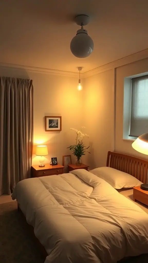 A cozy bedroom with layered lighting, featuring a ceiling fixture, bedside lamps, and warm tones.