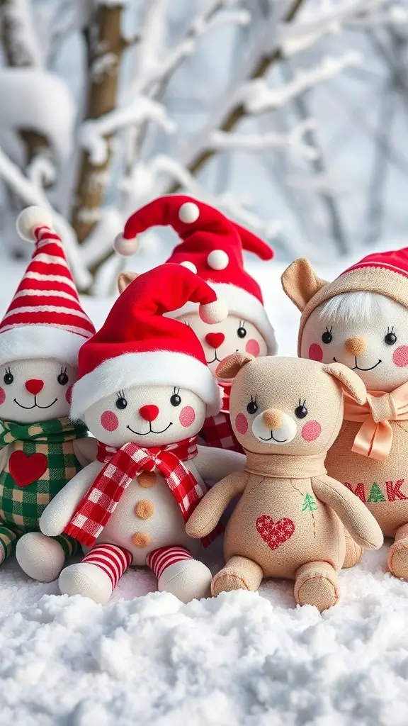 33+ Must-Try Christmas Sewing Patterns for Festive Fun 6 A group of cute Christmas plush dolls in a snowy setting, featuring snowmen and teddy bears in festive outfits.