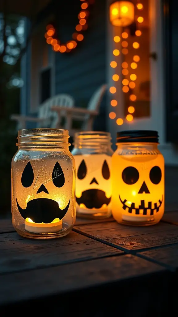 Three spooky mason jar lanterns with Halloween designs glowing on a wooden surface