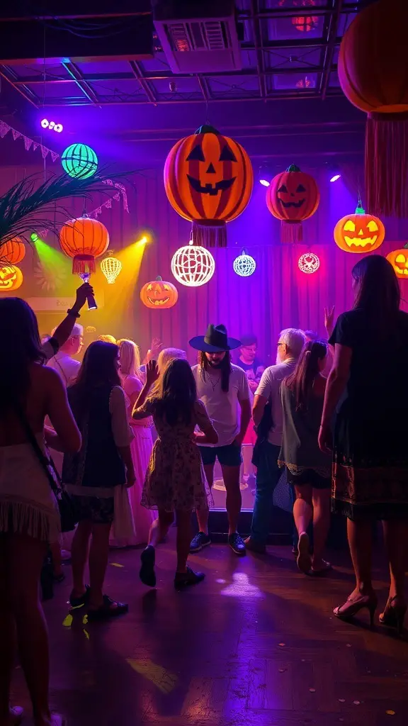 A lively Halloween party scene with people dancing under colorful lights and pumpkin lanterns.