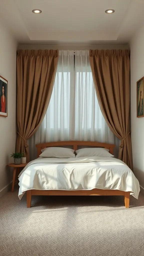 A small bedroom with a full-size bed, featuring layered curtains for privacy and light control.