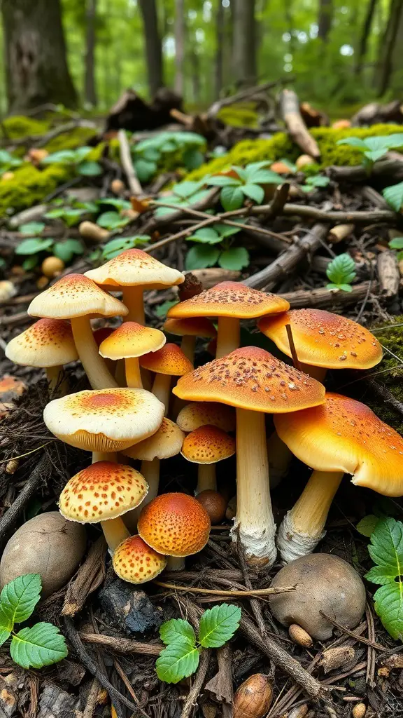33+ Fascinating Wild Plants You Can Discover Today 7 A cluster of bright orange mushrooms with speckled caps growing on the forest floor.