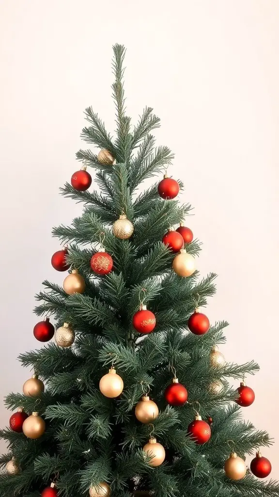 A decorated Christmas tree with red and gold ornaments.
