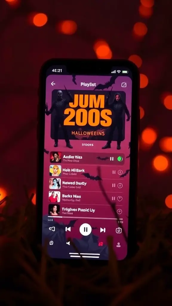 A phone displaying a Halloween-themed music playlist titled 'JUM 2000S HALLOWEINS' with spooky decorations in the background.