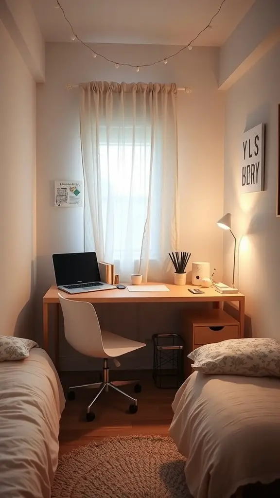 29+ Extra Small Bedroom Ideas to Maximize Space and Style 10 A compact workspace featuring a desk with a laptop, stationery, and a plant, surrounded by two beds in a small bedroom.
