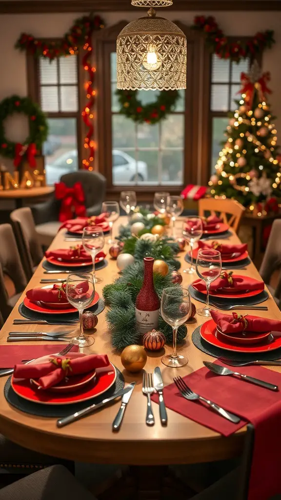 A beautifully set Christmas dining table with red and green decorations, elegant glassware, and a festive atmosphere.