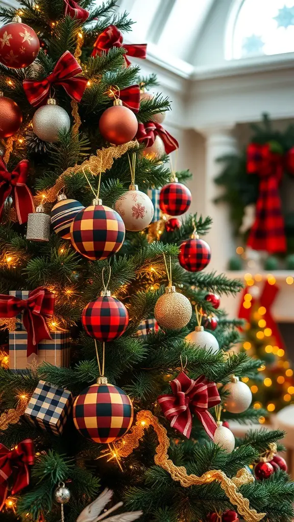 A beautifully decorated Christmas tree featuring classic Ralph Lauren plaid ornaments, red bows, and golden accents.