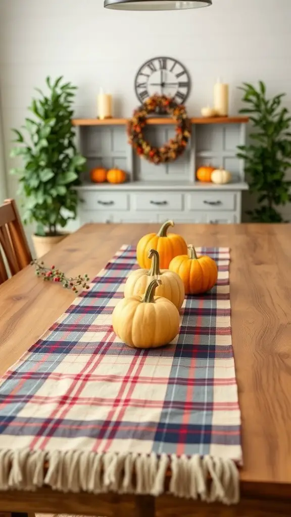 A wooden table with a plaid table runner, small pumpkins, and a cozy farmhouse decor.