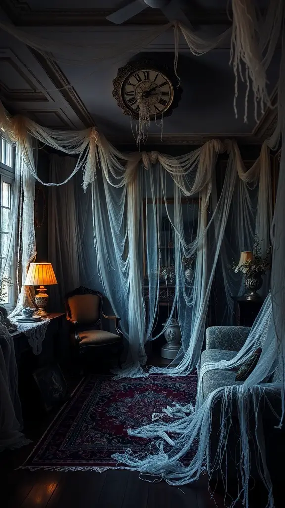 A room decorated with cobweb accents for Halloween, featuring soft lighting and a cozy atmosphere.