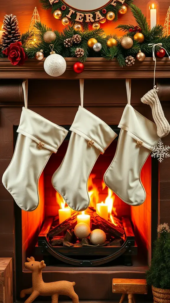 White stockings hanging by a fireplace with a warm fire and festive decorations