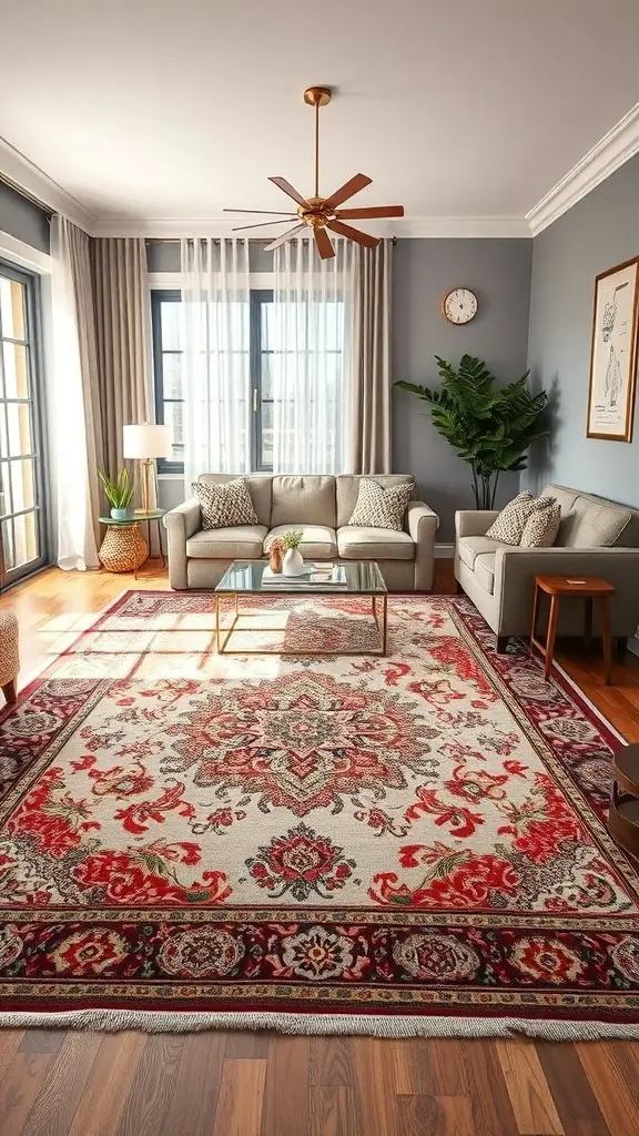 A living room with a large decorative rug featuring a bold border, complemented by modern furniture and plants.