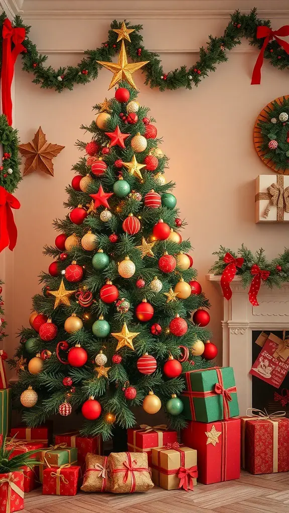 A beautifully decorated Christmas tree with red and green ornaments, surrounded by wrapped gifts.