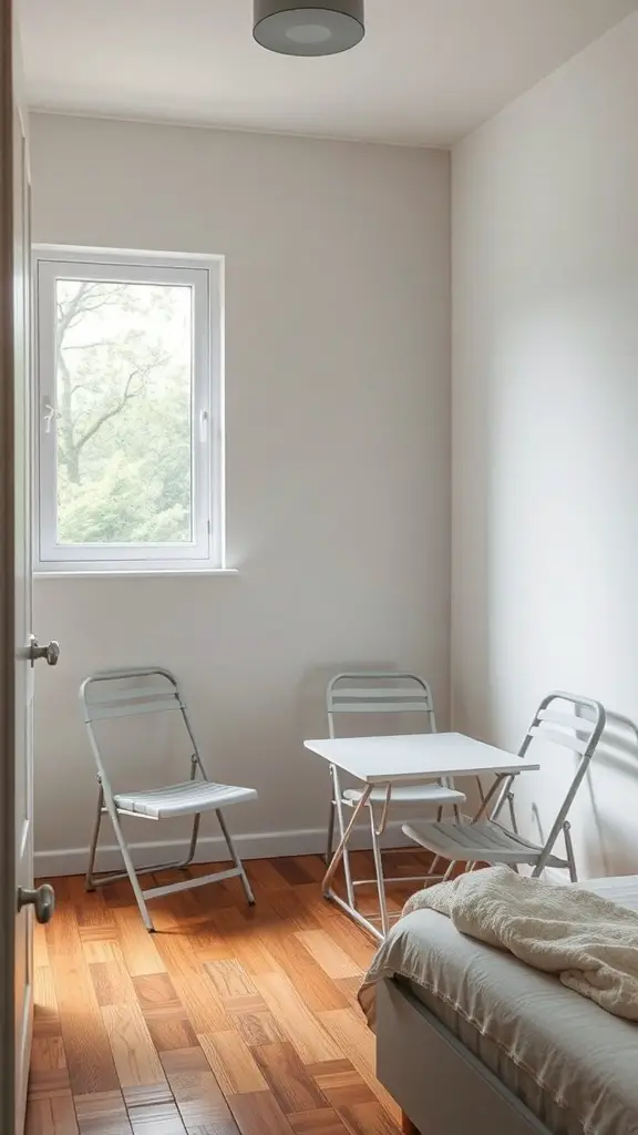 31+ Stylish Bedroom Ideas for Small Rooms 16 A small bedroom featuring a folding table and chairs, designed for flexibility.